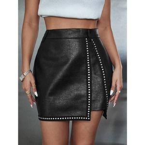 Studded Detail vegan Leather mini skirt black silver